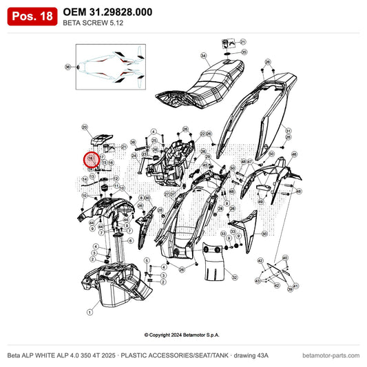 BETA SCREW 5.12 – OEM 31.29828.000, position 18 on the Beta ALP WHITE ALP 4.0 350 4T 2025 plastic accessories/seat/tank drawing
