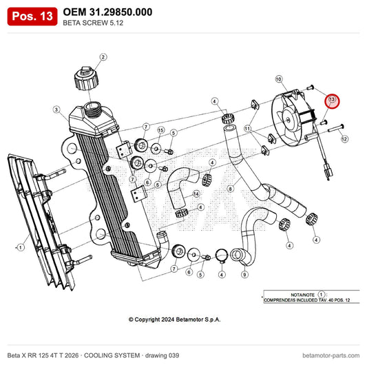 BETA SCREW 5.12 – OEM 31.29850.000, position 13 on the Beta X RR 125 4T T 2026 cooling system drawing