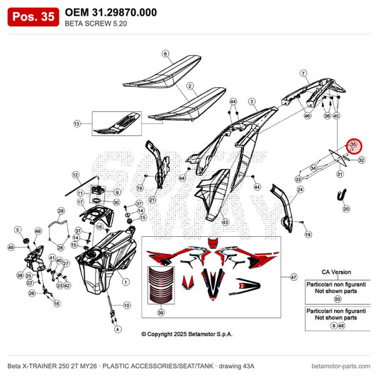 BETA SCREW 5.20 – OEM 31.29870.000, position 35 on the Beta X-TRAINER 250 2T MY26 plastic accessories/seat/tank drawing