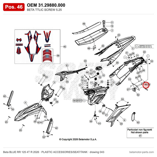 BETA TTLIC SCREW 5.25 – OEM 31.29880.000, position 46 on the Beta BLUE RR 125 4T R 2026 plastic accessories/seat/tank drawing