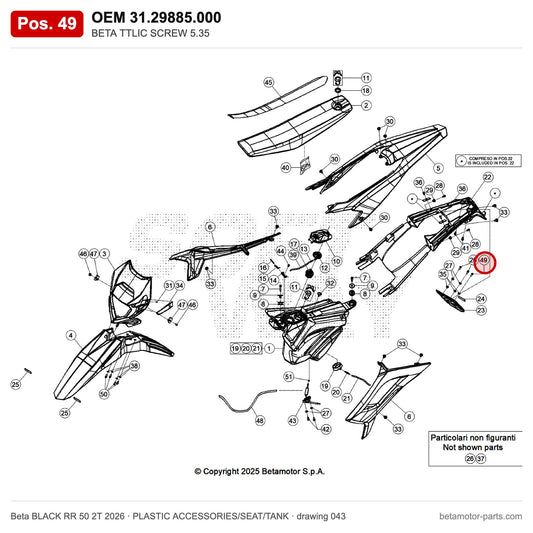 BETA TTLIC SCREW 5.35 – OEM 31.29885.000, position 49 on the Beta BLACK RR 50 2T 2026 plastic accessories/seat/tank drawing