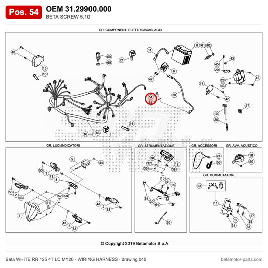 BETA SCREW 5.10 – OEM 31.29900.000, position 54 on the Beta WHITE RR 125 4T LC MY20 wiring harness drawing