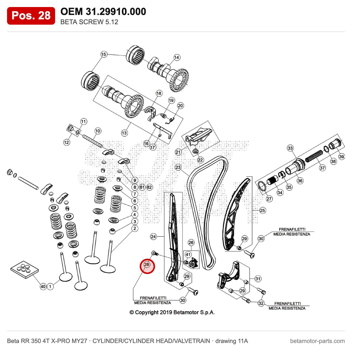 BETA SCREW 5.12 – OEM 31.29910.000, position 28 on the Beta RR 350 4T X-PRO MY27 cylinder/cylinder head/valvetrain drawing