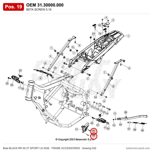 BETA SCREW 5.16 – OEM 31.30000.000, position 19 on the Beta BLACK RR 50 2T SPORT LS 2026 frame accessories drawing
