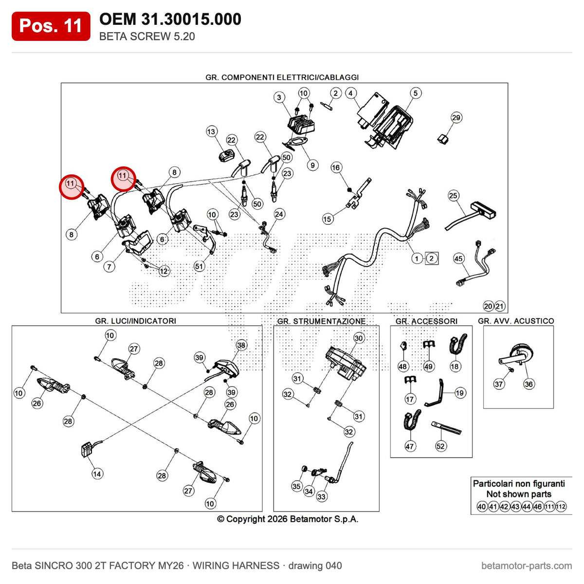 BETA SCREW 5.20 – OEM 31.30015.000, position 11 on the Beta SINCRO 300 2T FACTORY MY26 wiring harness drawing