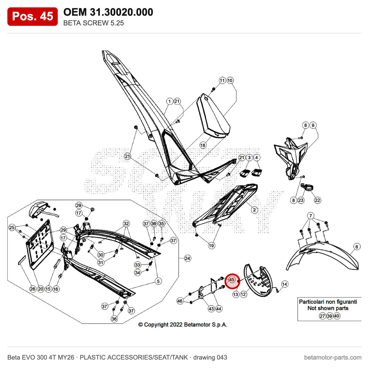 BETA SCREW 5.25 – OEM 31.30020.000, position 45 on the Beta EVO 300 4T MY26 plastic accessories/seat/tank drawing