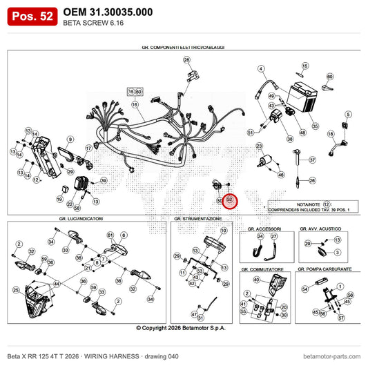 BETA SCREW 6.16 – OEM 31.30035.000, position 52 on the Beta X RR 125 4T T 2026 wiring harness drawing