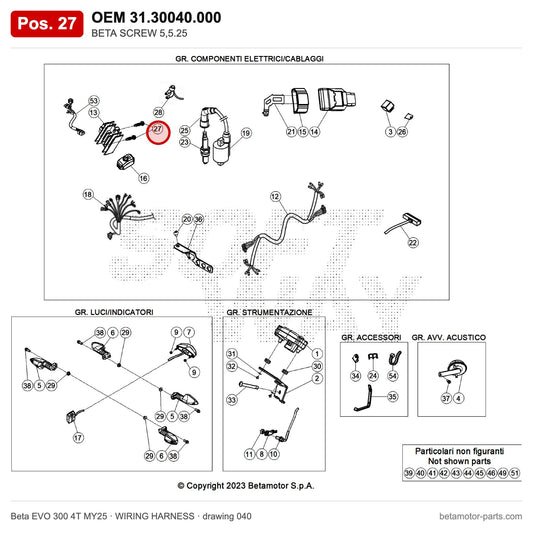 BETA SCREW 5,5.25 – OEM 31.30040.000, position 27 on the Beta EVO 300 4T MY25 wiring harness drawing