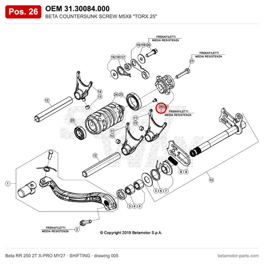 BETA COUNTERSUNK SCREW M5X8 "TORX 25" – OEM 31.30084.000, position 26 on the Beta RR 250 2T X-PRO MY27 shifting drawing