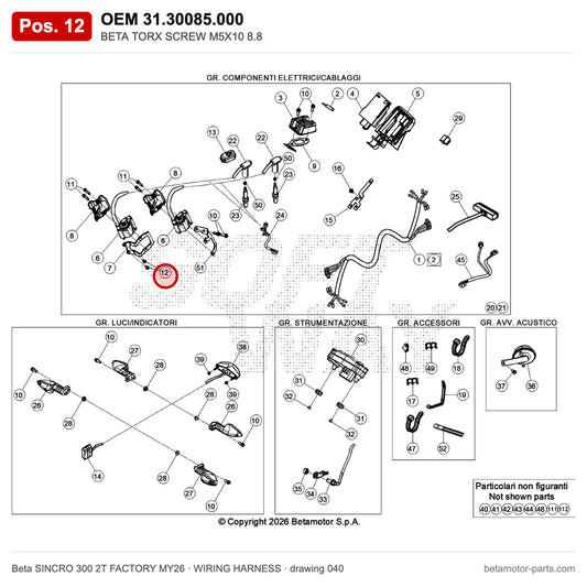 BETA TORX SCREW M5X10 8.8 – OEM 31.30085.000, position 12 on the Beta SINCRO 300 2T FACTORY MY26 wiring harness drawing