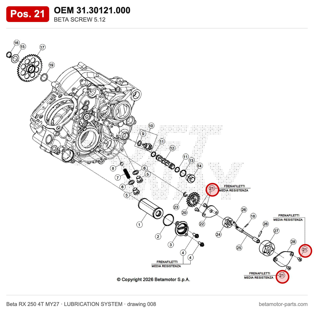 BETA SCREW 5.12 – OEM 31.30121.000, position 21 on the Beta RX 250 4T MY27 lubrication system drawing