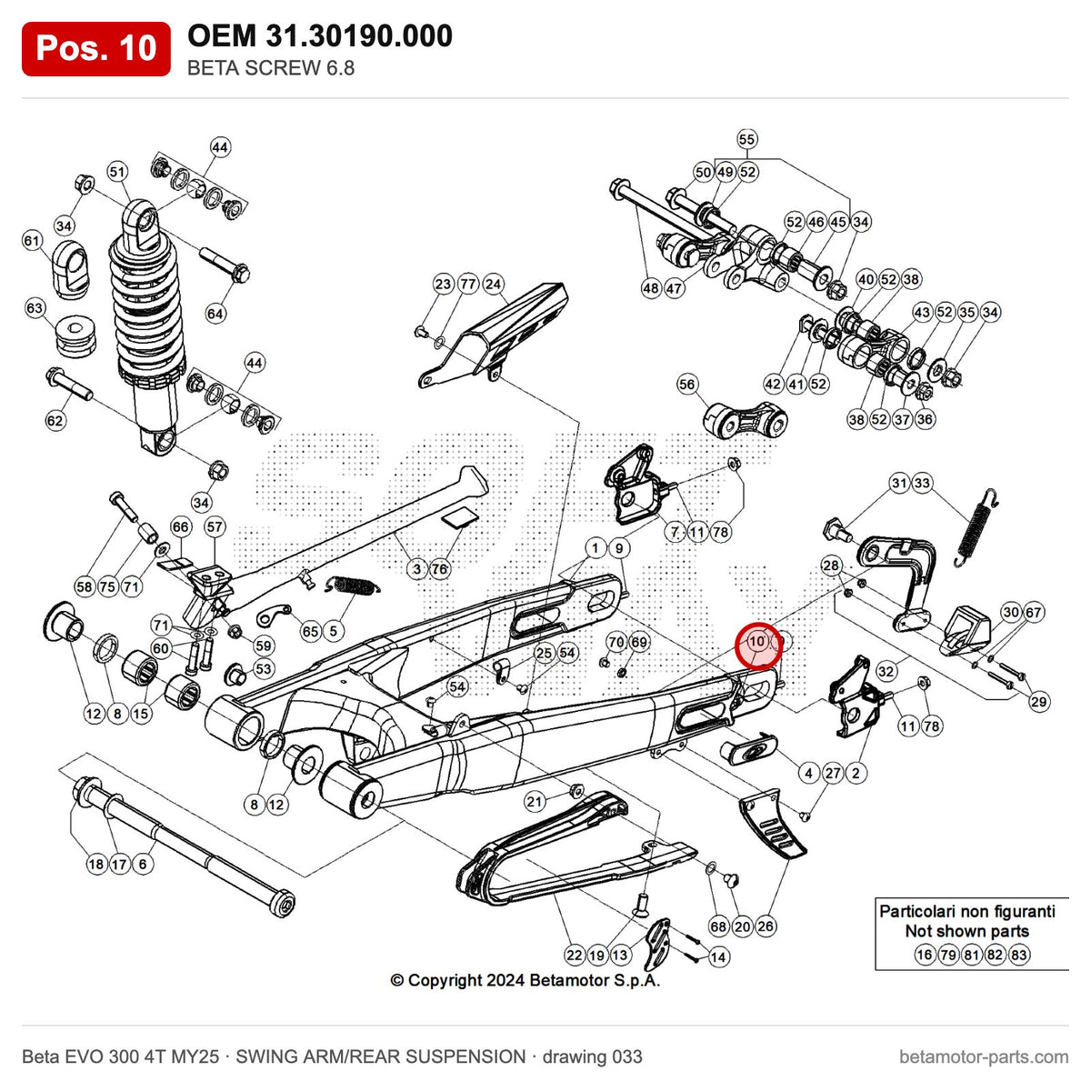 BETA SCREW 6.8 – OEM 31.30190.000, position 10 on the Beta EVO 300 4T MY25 swing arm/rear suspension drawing
