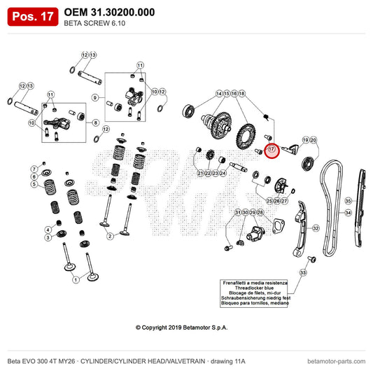 BETA SCREW 6.10 – OEM 31.30200.000, position 17 on the Beta EVO 300 4T MY26 cylinder/cylinder head/valvetrain drawing