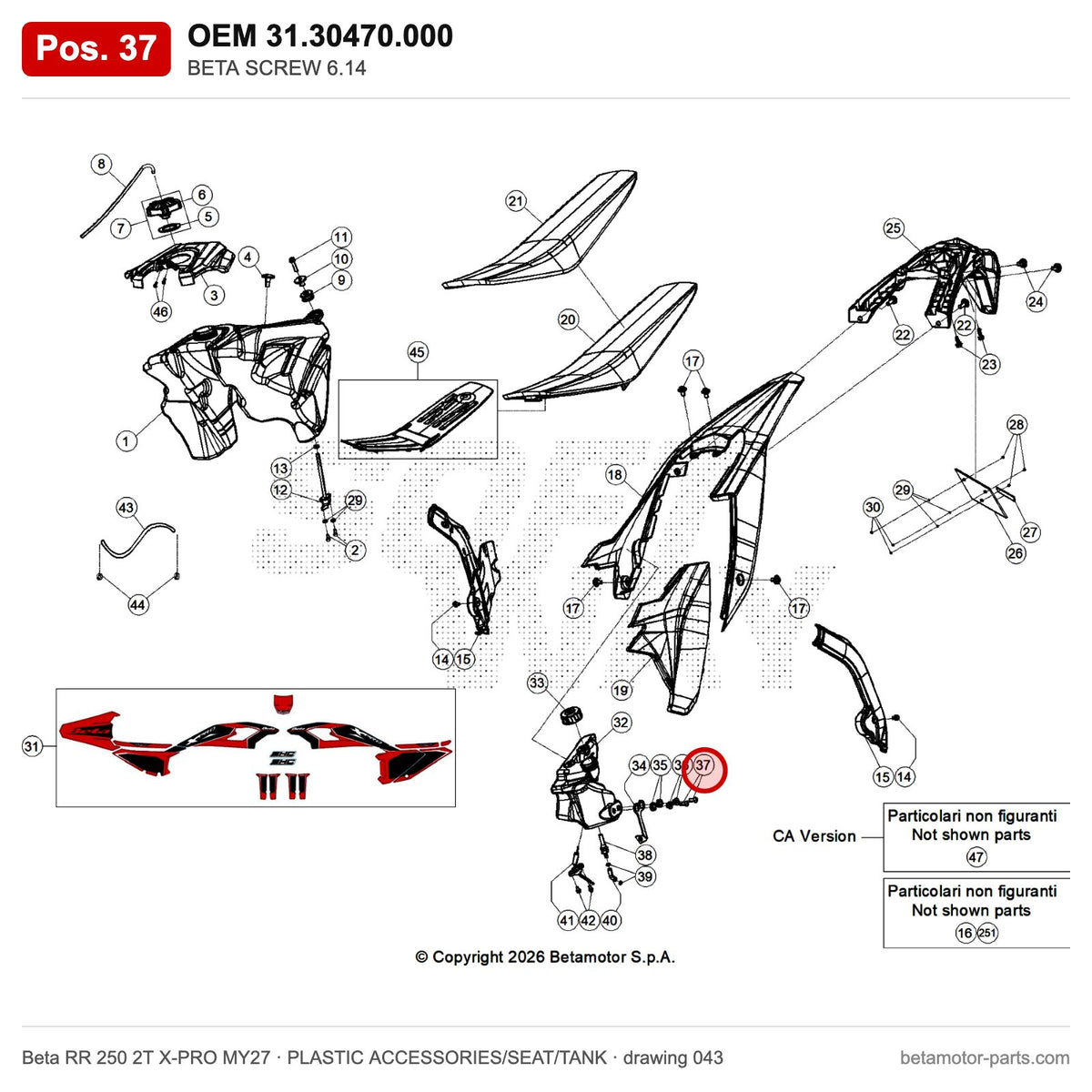 BETA SCREW 6.14 – OEM 31.30470.000, position 37 on the Beta RR 250 2T X-PRO MY27 plastic accessories/seat/tank drawing