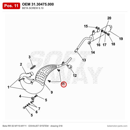 BETA SCREW 6.10 – OEM 31.30475.000, position 11 on the Beta RR 50 MY10-MY11 exhaust system drawing
