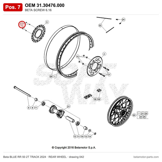 BETA SCREW 6.16 – OEM 31.30476.000, position 7 on the Beta BLUE RR 50 2T TRACK 2024 rear wheel drawing