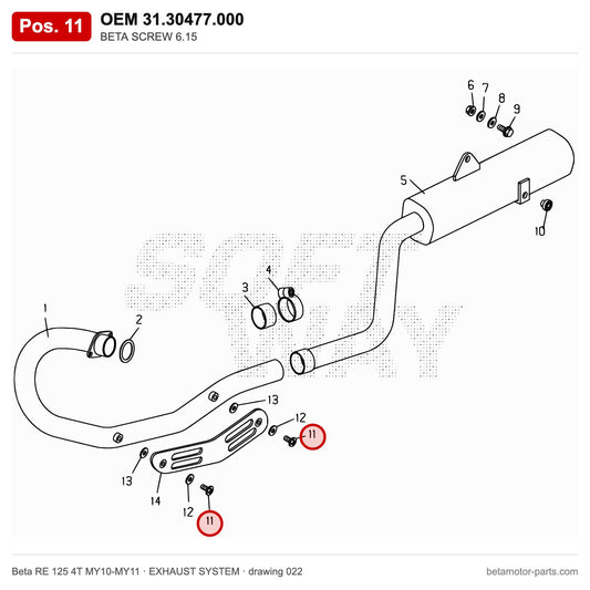 BETA SCREW 6.15 – OEM 31.30477.000, position 11 on the Beta RE 125 4T MY10-MY11 exhaust system drawing