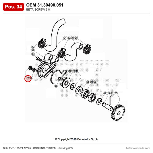 BETA SCREW 6.8 – OEM 31.30490.051, position 34 on the Beta EVO 125 2T MY25 cooling system drawing