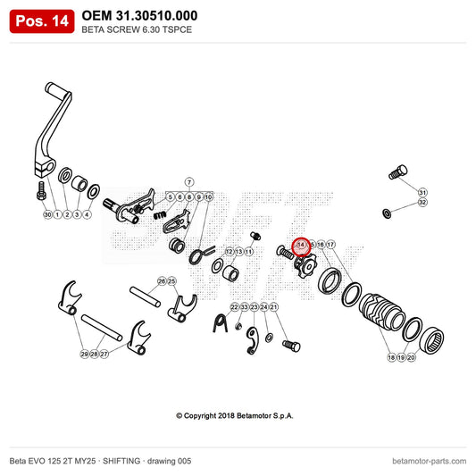 BETA SCREW 6.30 TSPCE – OEM 31.30510.000, position 14 on the Beta EVO 125 2T MY25 shifting drawing