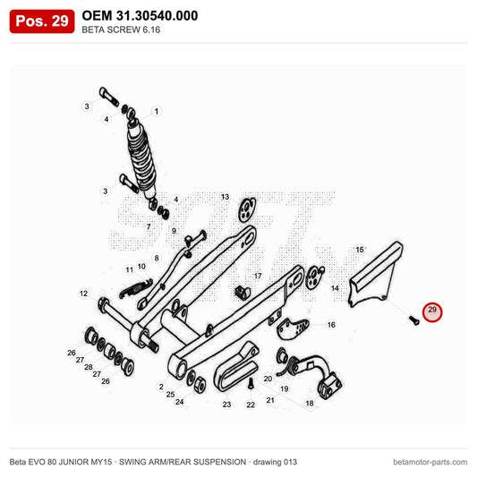 BETA SCREW 6.16 – OEM 31.30540.000, position 29 on the Beta EVO 80 JUNIOR MY15 swing arm/rear suspension drawing