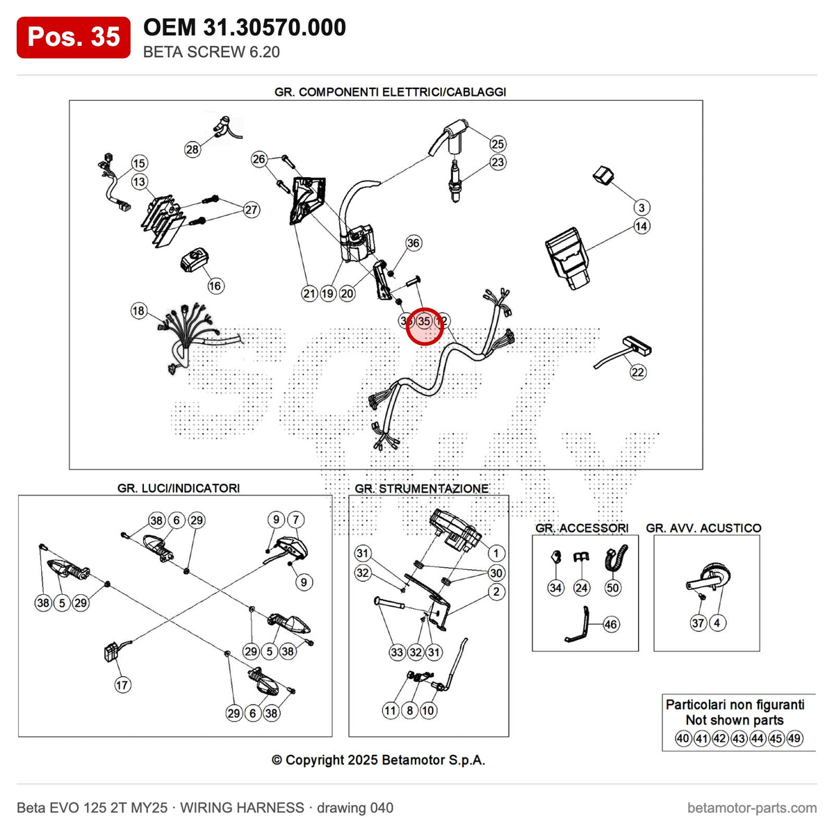 BETA SCREW 6.20 – OEM 31.30570.000, position 35 on the Beta EVO 125 2T MY25 wiring harness drawing