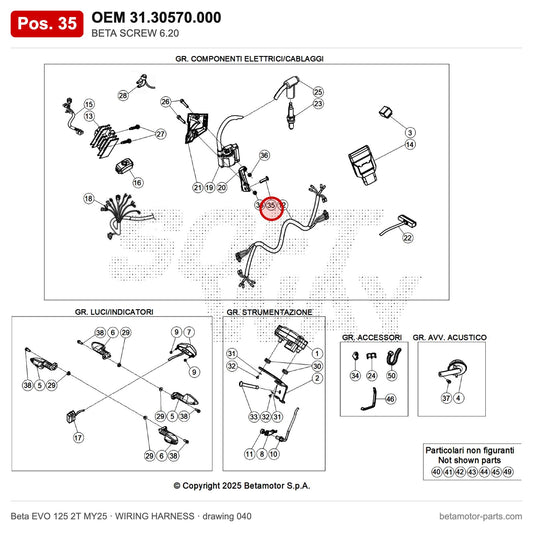 BETA SCREW 6.20 – OEM 31.30570.000, position 35 on the Beta EVO 125 2T MY25 wiring harness drawing