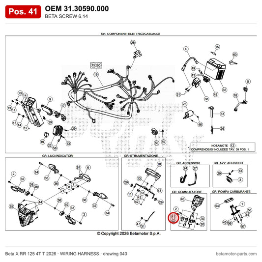 BETA SCREW 6.14 – OEM 31.30590.000, position 41 on the Beta X RR 125 4T T 2026 wiring harness drawing