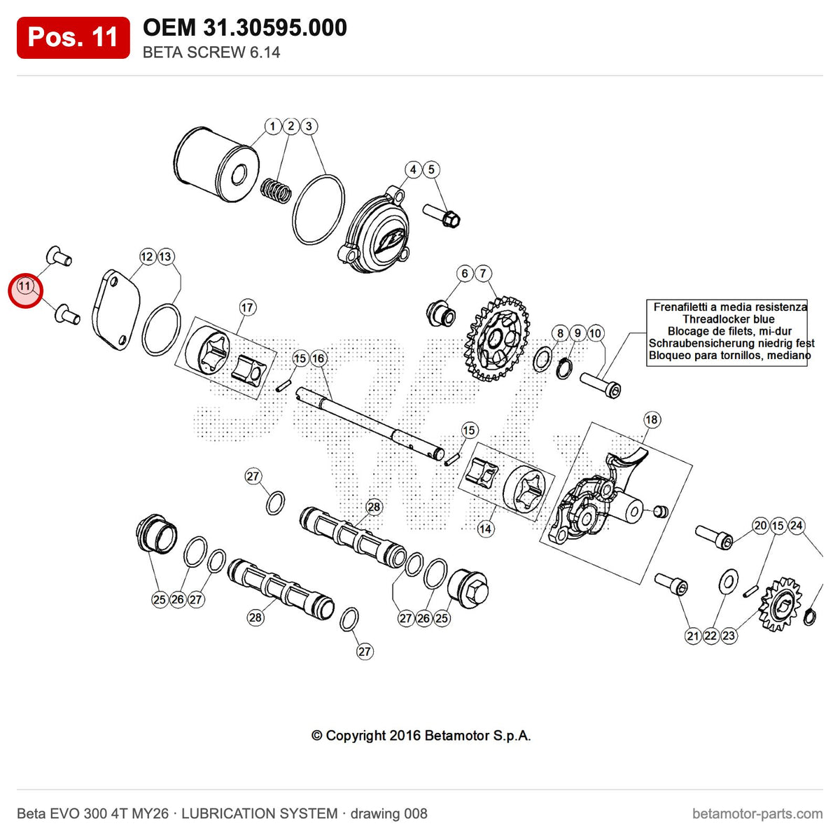 BETA SCREW 6.14 – OEM 31.30595.000, position 11 on the Beta EVO 300 4T MY26 lubrication system drawing