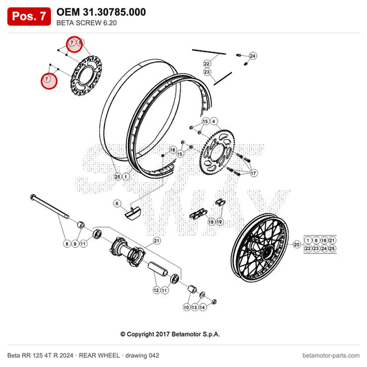 BETA SCREW 6.20 – OEM 31.30785.000, position 7 on the Beta RR 125 4T R 2024 rear wheel drawing
