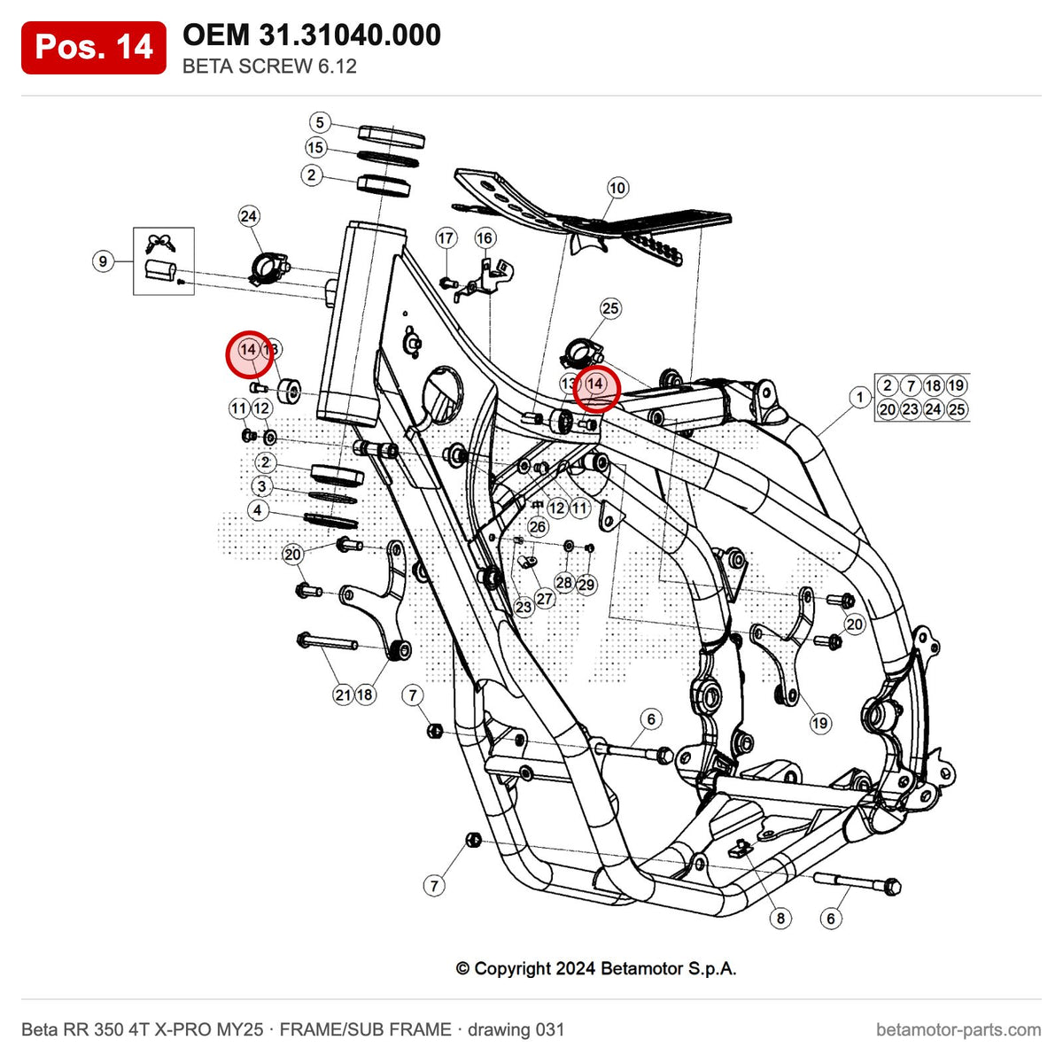 BETA SCREW 6.12 – OEM 31.31040.000, position 14 on the Beta RR 350 4T X-PRO MY25 frame/sub frame drawing