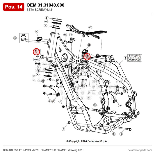 BETA SCREW 6.12 – OEM 31.31040.000, position 14 on the Beta RR 350 4T X-PRO MY25 frame/sub frame drawing