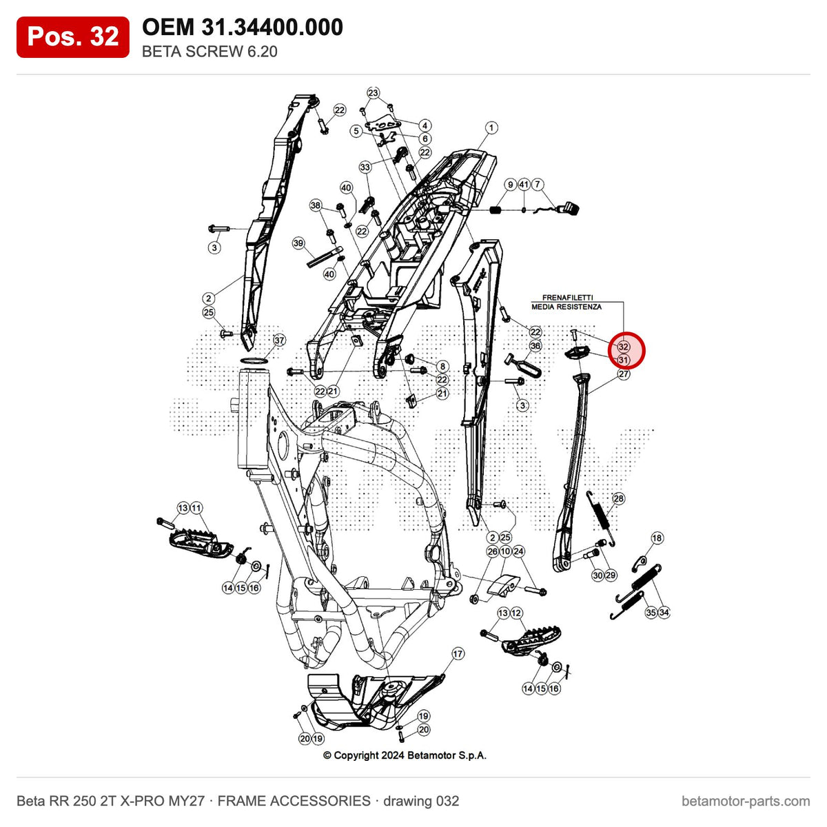 BETA SCREW 6.20 – OEM 31.34400.000, position 32 on the Beta RR 250 2T X-PRO MY27 frame accessories drawing