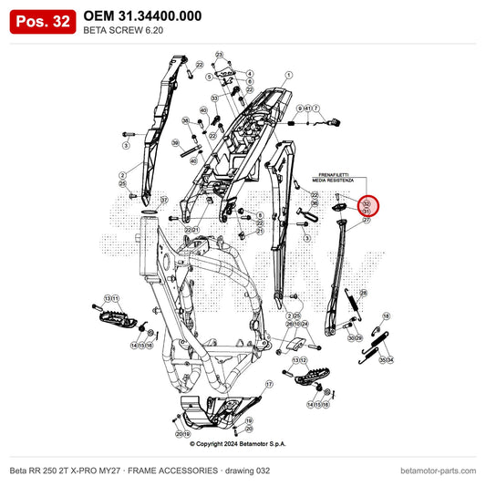 BETA SCREW 6.20 – OEM 31.34400.000, position 32 on the Beta RR 250 2T X-PRO MY27 frame accessories drawing