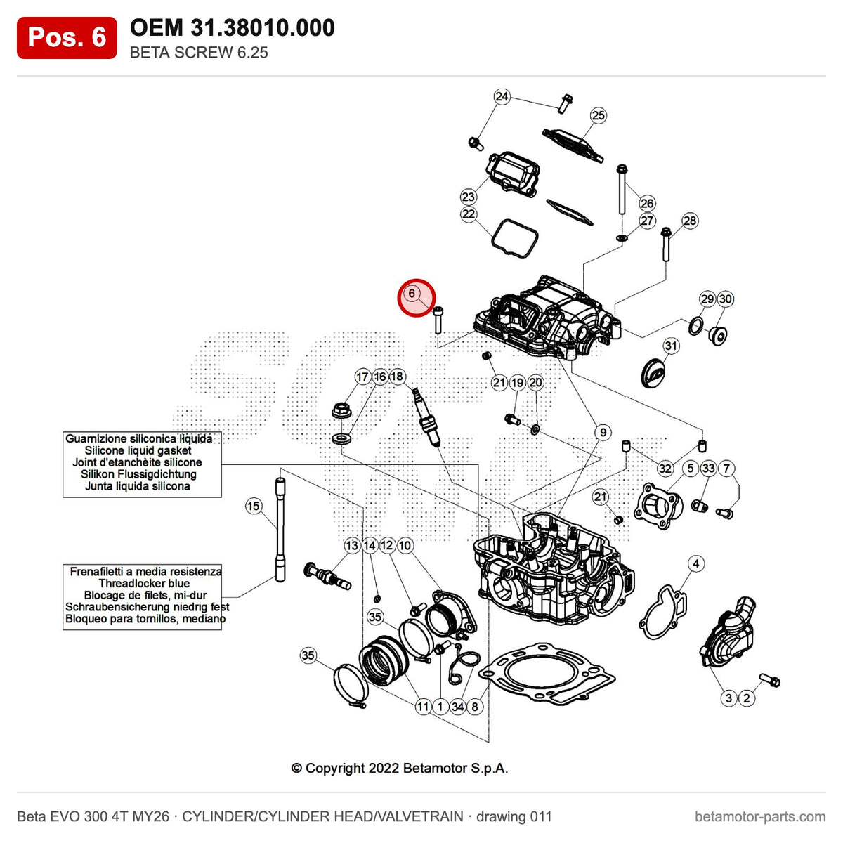 BETA SCREW 6.25 – OEM 31.38010.000, position 6 on the Beta EVO 300 4T MY26 cylinder/cylinder head/valvetrain drawing