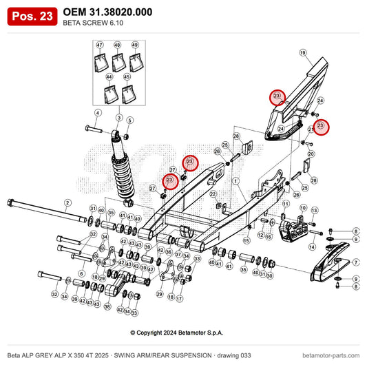 BETA SCREW 6.10 – OEM 31.38020.000, position 23 on the Beta ALP GREY ALP X 350 4T 2025 swing arm/rear suspension drawing