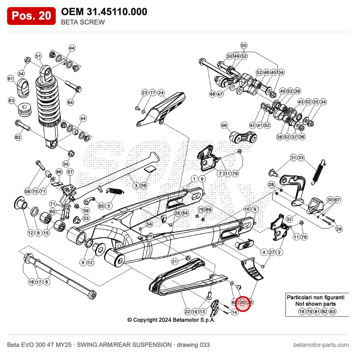 BETA SCREW – OEM 31.45110.000, position 20 on the Beta EVO 300 4T MY25 swing arm/rear suspension drawing