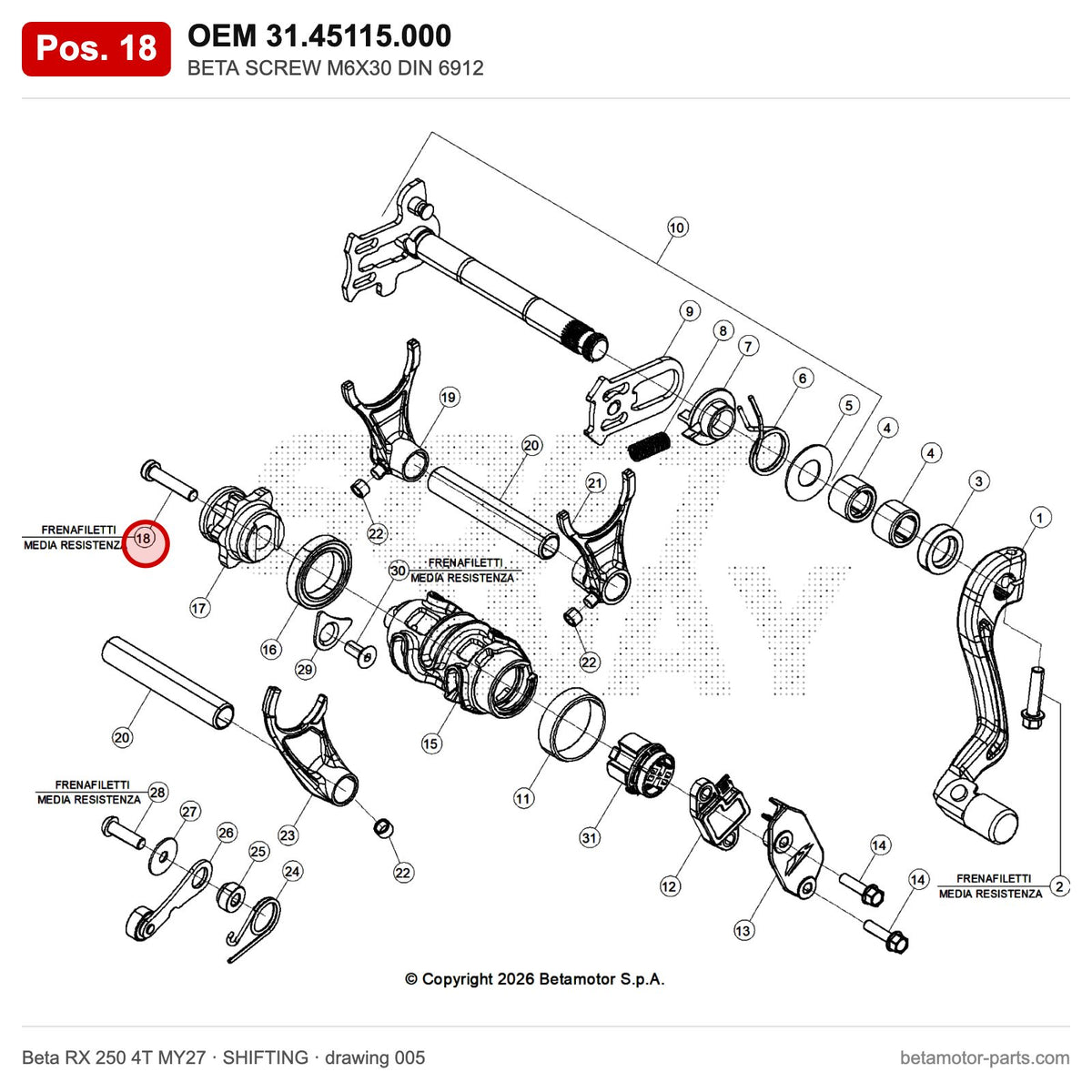 BETA SCREW M6X30 DIN 6912 – OEM 31.45115.000, position 18 on the Beta RX 250 4T MY27 shifting drawing