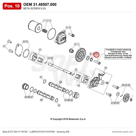 BETA SCREW 6.25 – OEM 31.48507.000, position 10 on the Beta EVO 300 4T MY26 lubrication system drawing