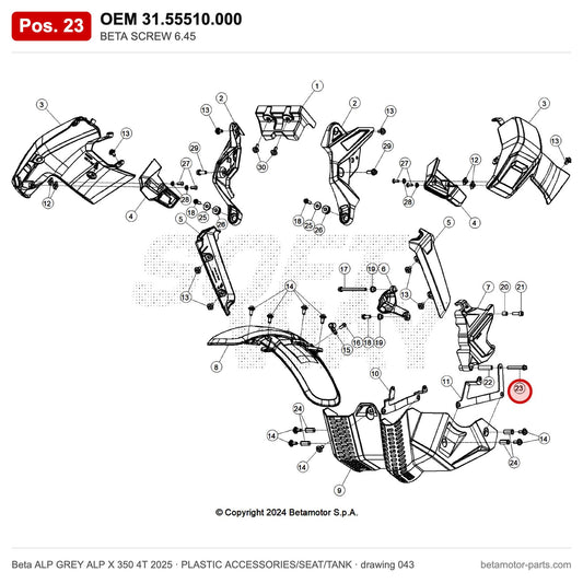 BETA SCREW 6.45 – OEM 31.55510.000, position 23 on the Beta ALP GREY ALP X 350 4T 2025 plastic accessories/seat/tank drawing