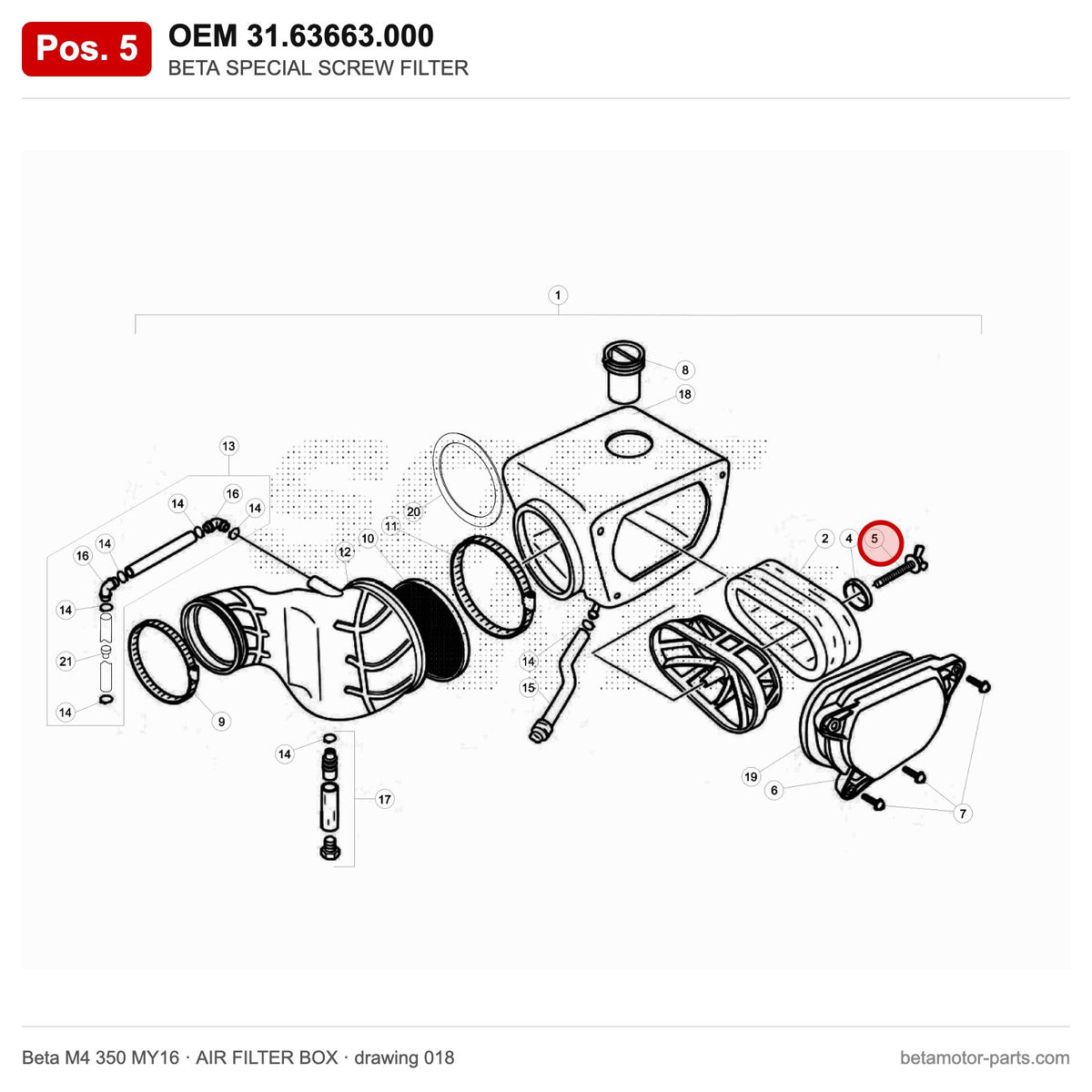 BETA SPECIAL SCREW FILTER – OEM 31.63663.000, position 5 on the Beta M4 350 MY16 air filter box drawing