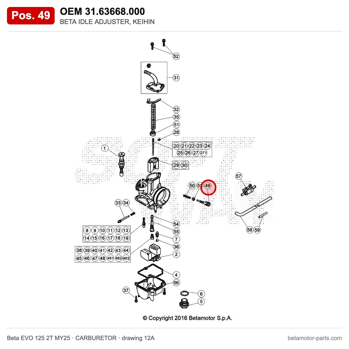 BETA IDLE ADJUSTER, KEIHIN – OEM 31.63668.000, position 49 on the Beta EVO 125 2T MY25 carburetor drawing