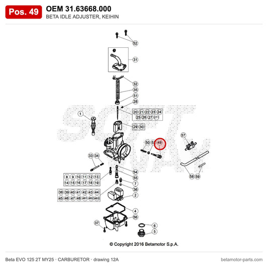 BETA IDLE ADJUSTER, KEIHIN – OEM 31.63668.000, position 49 on the Beta EVO 125 2T MY25 carburetor drawing
