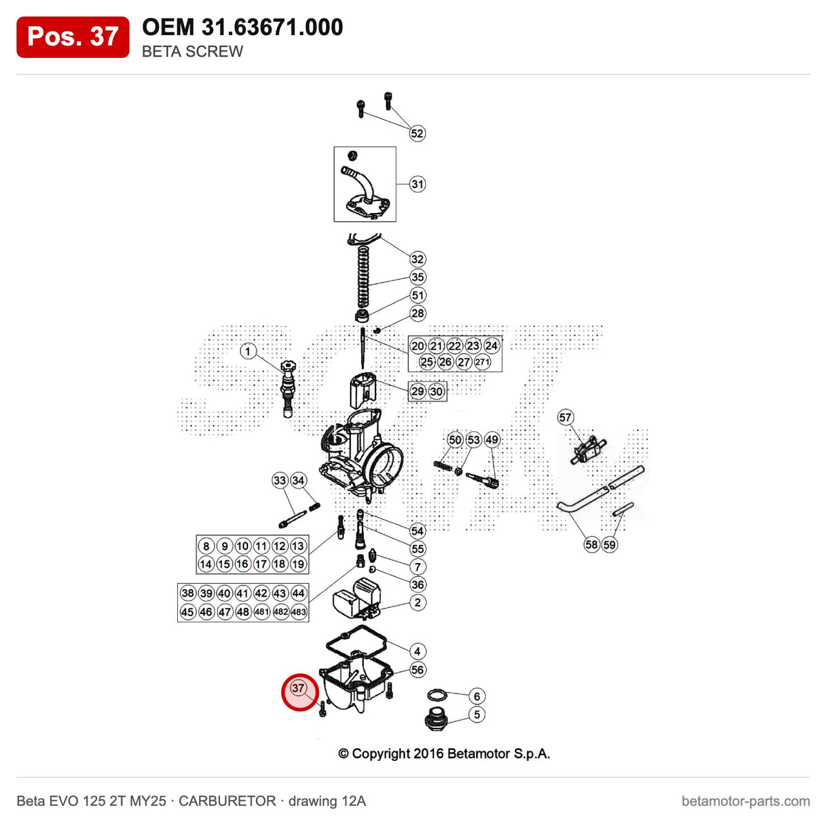 BETA SCREW – OEM 31.63671.000, position 37 on the Beta EVO 125 2T MY25 carburetor drawing
