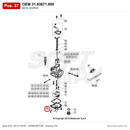 BETA SCREW – OEM 31.63671.000, position 37 on the Beta EVO 125 2T MY25 carburetor drawing