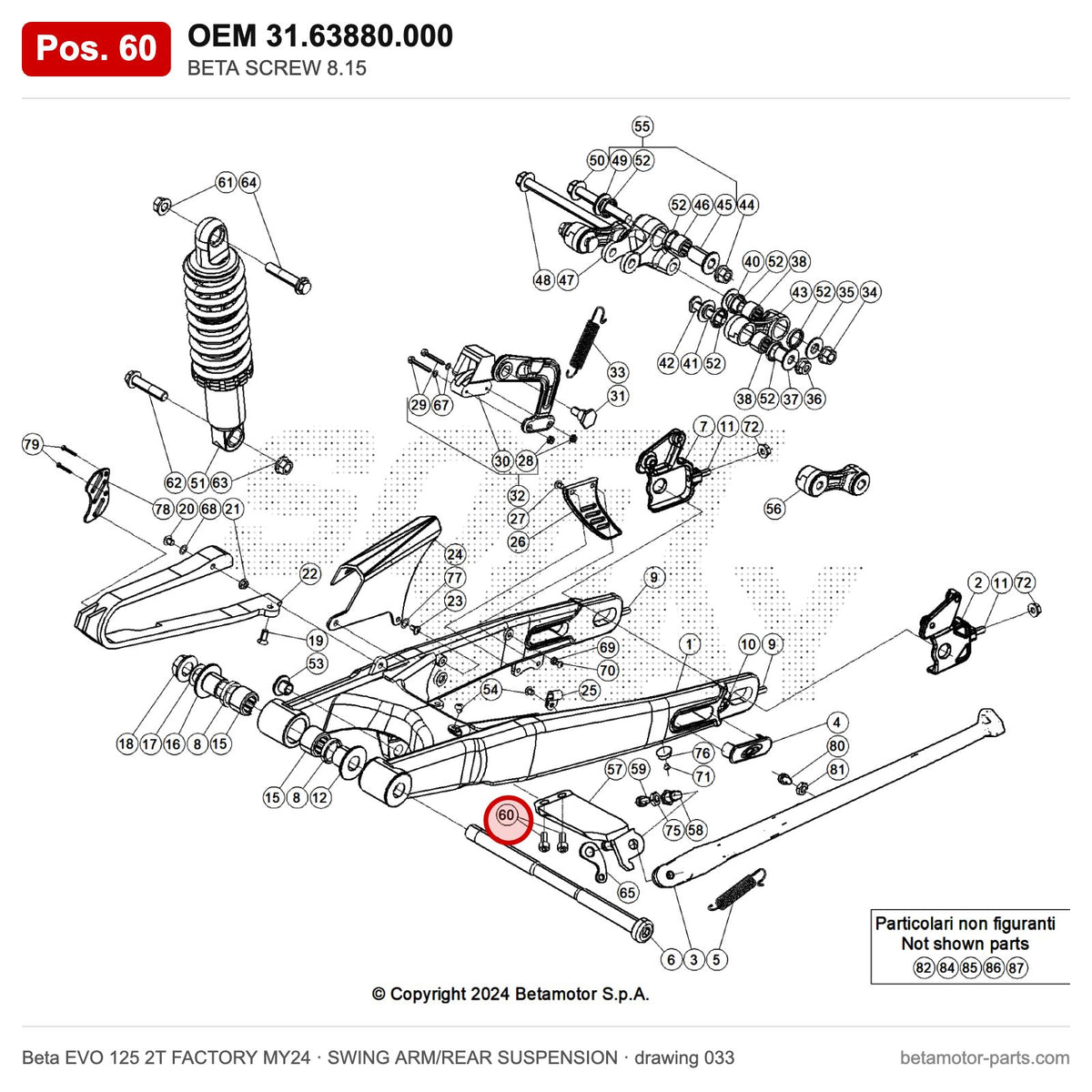 BETA SCREW 8.15 – OEM 31.63880.000, position 60 on the Beta EVO 125 2T FACTORY MY24 swing arm/rear suspension drawing
