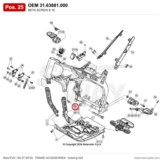 BETA SCREW 8.16 – OEM 31.63881.000, position 25 on the Beta EVO 125 2T MY25 frame accessories drawing