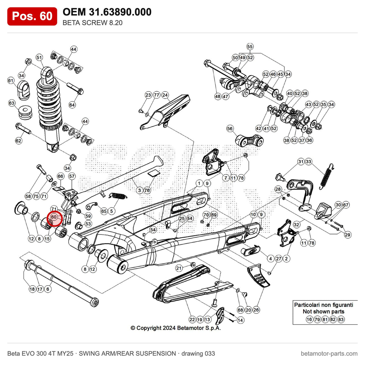 BETA SCREW 8.20 – OEM 31.63890.000, position 60 on the Beta EVO 300 4T MY25 swing arm/rear suspension drawing