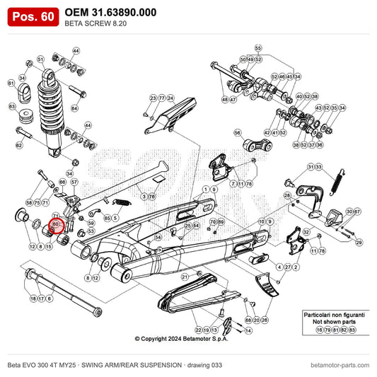BETA SCREW 8.20 – OEM 31.63890.000, position 60 on the Beta EVO 300 4T MY25 swing arm/rear suspension drawing