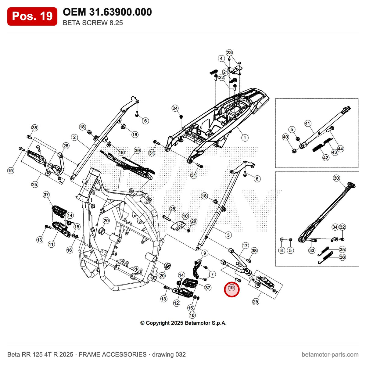 BETA SCREW 8.25 – OEM 31.63900.000, position 19 on the Beta RR 125 4T R 2025 frame accessories drawing