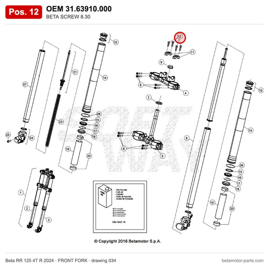 BETA SCREW 8.30 – OEM 31.63910.000, position 12 on the Beta RR 125 4T R 2024 front fork drawing